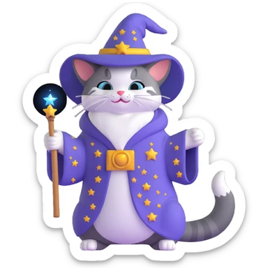 wizard cat with a starry robe and hat sticker
