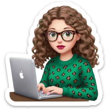 a european white young woman with long wavy/curly brown hair typing in a computer, she's using dark brown leopard glasses and knit green sweate, her lips are light red and her cheeks slightly pink sticker
