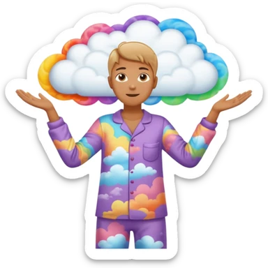 person in pajamas with arms spread apart, multicolored swirling cloud between their hands sticker