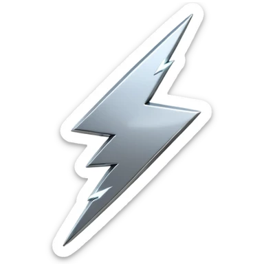 A lightning bolt emoji made of polished silver chrome, sharp yet rounded edges, glossy metallic surface, soft reflections, minimal futuristic design, iOS emoji style, centered, clean white background sticker