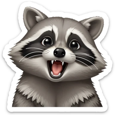 Cinematic-cute realistic- Yawning Raccoon-Portrait-Emoji – Poised and confident, wide-open yawn, revealing a soft grey with a sturdy build and a beautifully textured fur of silver-grey accented by dark black facial markings, deep-set, big black eyes, simplified yet sharp and sophisticated zoom out to show shoulders sticker