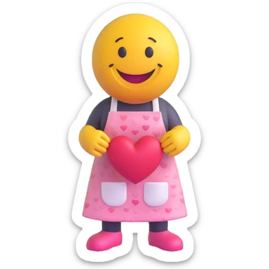 3D smiley emoji, round shape, grandmother wearing a heart-patterned apron, pink color, smiling face sticker