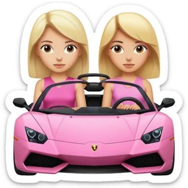 Make car far away so I can see full car Car facing forward in sports car. Make hair long  One girl is blonde, one girl is black hair . Front of car sitting in the seats. Make it a pink sports car. They are two baddies make it a Lamborghini pink car  sticker