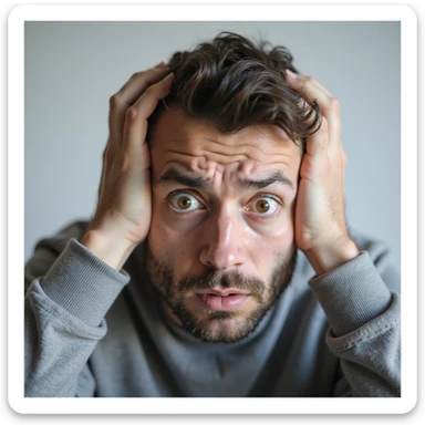 realistic 30-year-old man suffering from severe anxiety, very tense and worried expression, wide-open eyes, hands in hair, contracted posture, neutral background sticker