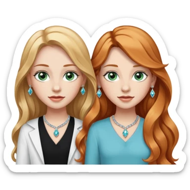 two girls top halfs, one with long wavy strawberry blonde hair and greenish blue eyes, white diamond earrings and wearing white, the other with straight black long hair, brown eyes, silver earrings and wearing black sticker
