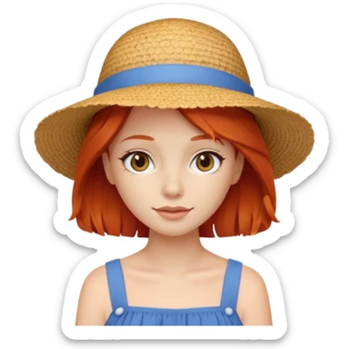girl_wearing_summer_hat_red_hair, blue dress sticker