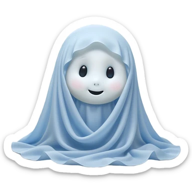 An adorable, peacefully floating sheet-like ghost in gentle pastel whites and blues, its soft, rounded form loosely draped, head resting with closed, serene sparkling eyes and a tiny, contented smile, simplified yet irresistibly charming, highly detailed, with a soft glowing outline that captures the essence of a sleepy, endearing spirit wrapped in cozy slumber! sticker