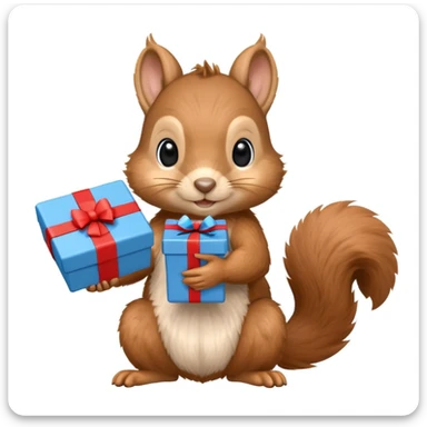 realistic squirrel holding a blue gift box in one hand and a red Swiss flag in the other, both objects clearly visible, simple white background, the gift is a different color from the flag sticker