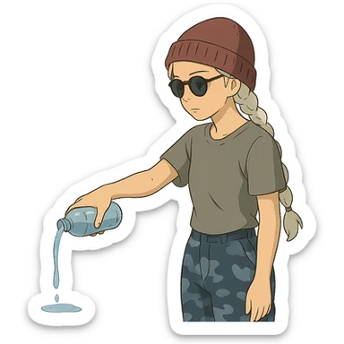 1 female, long white braid, knit cap, dark sunglasses, GRAY T-SHIRT, blue camo pants, gazing slightly down, POURING OUT A WATER BOTTLE on the ground sticker