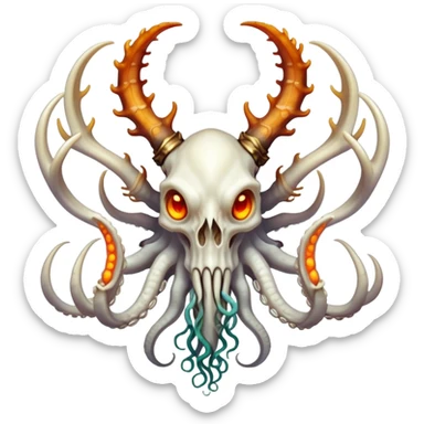 Create a haunting aquatic guardian that combines the spectral tree-skull's ghostly essence and wooden structure with the dragon-octopus's vibrant scales and dexterous tentacles, resulting in a bone-white cephalopod with branch-like appendages, glowing amber eyes, and a dragon-skull head sprouting twisted coral antlers that rules the boundary between the living ocean and the sunken realm of the dead. sticker