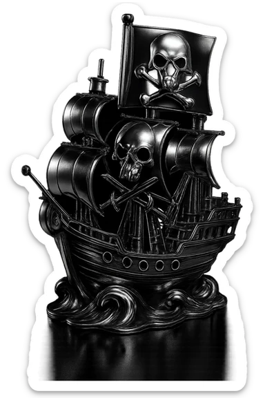 Make the flag's emblem on the pirate ship look much more like the provided skull and crossed bones: a realistic animal skull with open mouth and two curved bones crossing behind it, all in chrome. Preserve the chrome ship and night scene. sticker