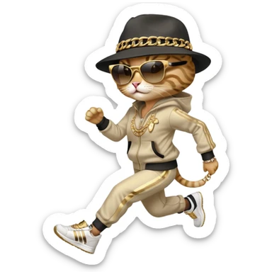 female cat running wearing Run DMC hip-hop outfit, tracksuit, fedora, Adidas shoes, dark sunglasses, lots of gold chains, bling accessories sticker