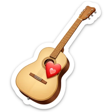 “Flat vector icon of a Cuban tres guitar in three-quarter view, warm brown, thick outline, centered on a warm cream or beige rounded-square (or circle); near the soundboard add a small red or pink heart with a soft glow and 2–3 tiny sparkles to suggest ‘soul’.  sticker