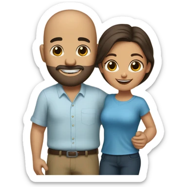 Comforting hug from brunette Puerto Rican with dark brown eyes wearing a cute blue blouse to short, bald man with brown eyes, laugh lines, and a beard sticker