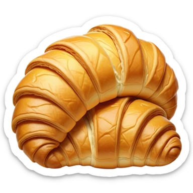 Cinematic golden croissant, perfectly flaky with crisp layers, slightly cracked to reveal buttery soft interior, warm golden glow, highly detailed and inviting. sticker