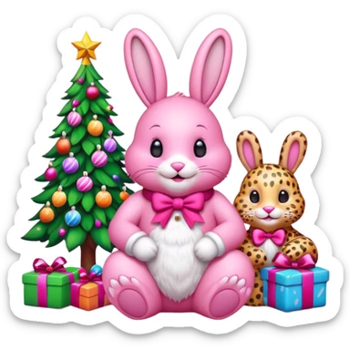 Smiling Pink Bunny with Santa sitting by a Pink Leopard and brightly lit colorful Christmas trees and candy canes 🎁  sticker