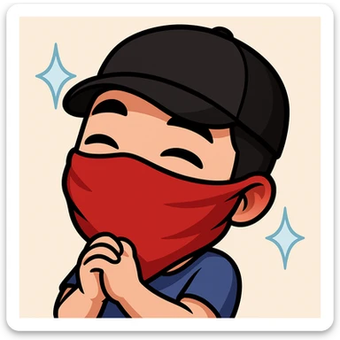 Edit the cartoon style emote of the guy to have him wearing a red bandana covering his face and a cap, keeping the same cartoon style and expression. sticker