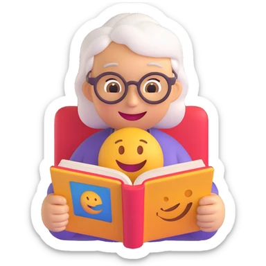 3D smiley emoji, round shape, grandmother reading a story to a grandchild, pink color, smiling face sticker