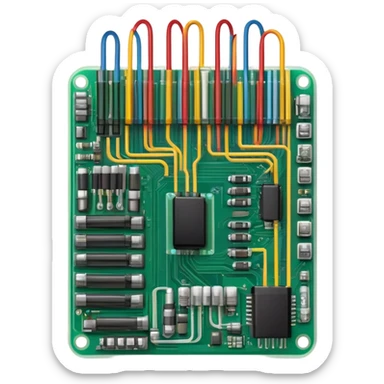 An icon featuring a circuit board, electrical wires, symbolizing electrical engineering. The design includes resistors, capacitors, and a power transformer, representing the study of electrical systems and innovation. Transparent background highlights modern electrical technology sticker