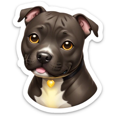 Cinematic Cute Black/Brindle Staffordshire Bull Terrier Portrait Emoji, Head tilted playfully and inquisitively, featuring a glossy Fur with a dynamic mix of black and brindle, round, sparkling dark eyes filled with curiosity, Simplified yet irresistibly adorable features, highly detailed, glowing with a warm, friendly glow, high shine, affectionate and spirited, stylized with a touch of whimsy, bright and endearing, soft glowing outline, capturing the essence of a mischievous yet loving pup, so playful it feels like it could bound out of the screen and into your arms! sticker