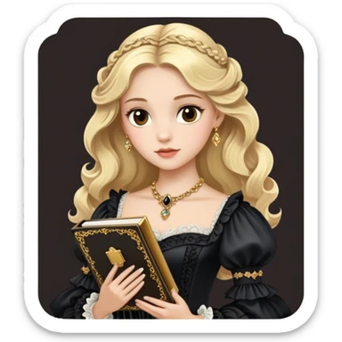 Blonde model with brown eyes wearing a black rococo gown clutching a golden notebook sticker