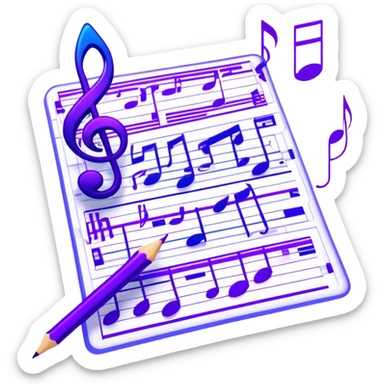 Emoji that represents music track writing. The design should feature a music composition sheet with musical notes and lyrics, a digital audio workstation (DAW) interface or soundwaves, and a pencil or pen to symbolize the writing process. Add a touch of technology with subtle elements like sound mixing sliders or waveform graphics. Use a blend of vibrant and inspiring colors, such as electric blue or neon purple, to evoke a sense of creativity and innovation. The background should be transparent. sticker