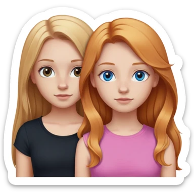 Two girls together. Girl 1: blonde long straight hair, hazel eyes, pink crop top.  girl 2:  long wavy ginger hair, blue eyes, nose ring, black shirt sticker