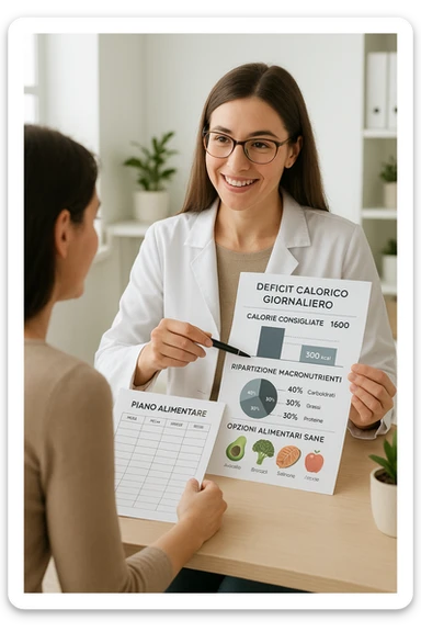 a nutritionist sits at a desk with a client, showing a personalized meal plan and a chart that clearly displays the client’s specific daily caloric deficit. The nutritionist points to the chart, which includes recommended calories, macronutrient breakdown, and healthy food options. The mood is professional, supportive, and educational. scritte in italiano sticker