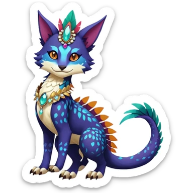 Kawaii cute dark deep colorful warm-colored exotic tropical beautiful pretty elegant divine edgy feline-vernid-sergal-Fakémon-Pokémon-fursona-animal-creature with accessories, jewelries, full body, with intricate detailed markings, feathers, crystals, fins, scales, headdress sticker