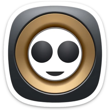 Minimal emoji icon of a modern metallic speaker, front view, detailed geometry, dark metallic body, subtle highlights, isolated sticker