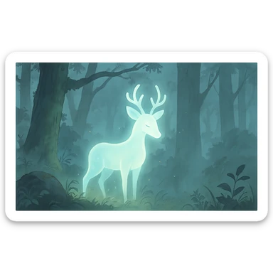 glowing animal-like forest spirit in a misty woodland, ethereal and gentle, ghibli style sticker