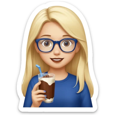 Blonde long haired girl with navy blue framed glasses eating chocolate sticker