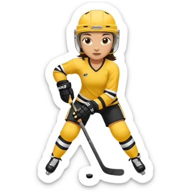 Girl hockey player with yellow and black jersey full body brunette with helmet sticker