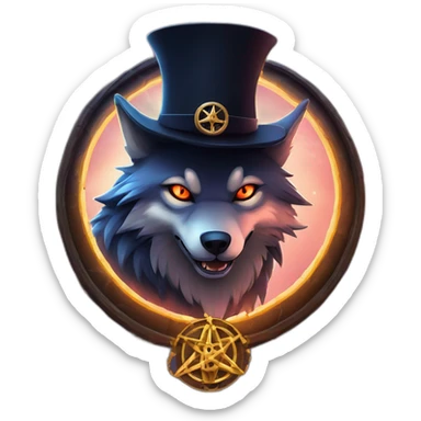 demonic wolf with a pentagram top hat and a pentagram chain with a haunting night background sticker
