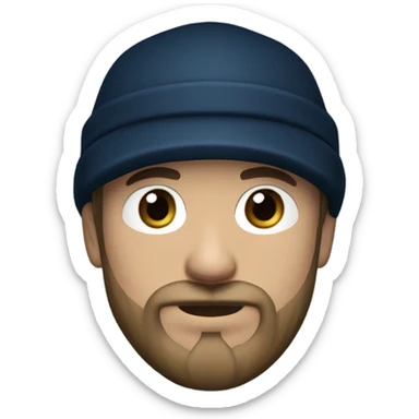 man wearing a black newsboy cap, with a irish styled beard and mustache, and a neutral expression. The man has light skin, blue eyes, dark blue hooded pull over sweater sticker