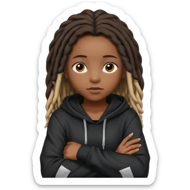 African American dark skin girl with shoulder length dreadlocks wearing a plain black hoodie with her arms folded across her chest sticker