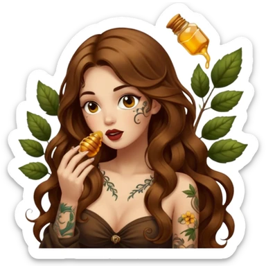 forest mystic woman long wavy brown hair tattoos licking honey from finger flirty sticker