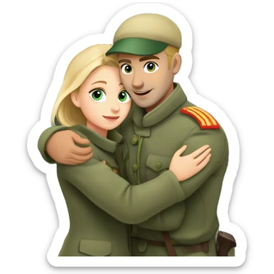 Russian soldier blond with blue eyes with a green military cap hugs a girl in a gray coat with brown hair and green eyes at the train station sticker