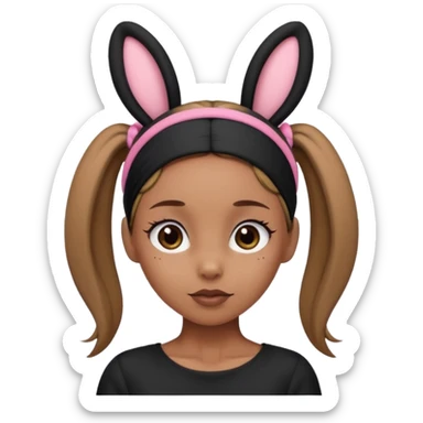 "A tan-skinned person with a high brown ponytail wearing a headband with black bunny ears. The character is dressed in a stylish black outfit. The emoji style should be cute, expressive, and modern — simple but detailed enough to show the ponytail, bunny ears, and outfit clearly." sticker