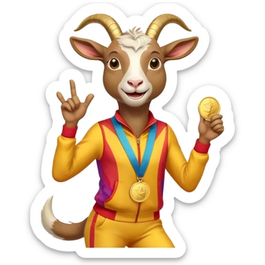 friendly anthropomorphised goat jogging upright in a colourful suit, holding up a medal, relaxed pose sticker