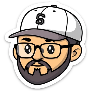 adventurer with goatee beard (no beard on cheeks), short hair, glasses and backwards baseball cap sticker