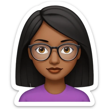 A 35 years old  woman emoji with medium-dark skin, straight shoulder-length black hair parted to the side, an oval-shaped face, arched dark eyebrows, large brown eyes with glasses, a small nose, and natural-toned lips. sticker