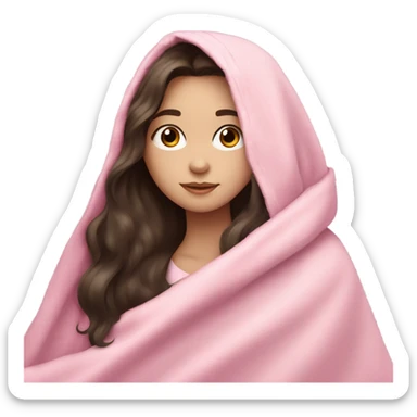 girl with long dark brown hair with pale skin cuddled in a pink blanket sticker