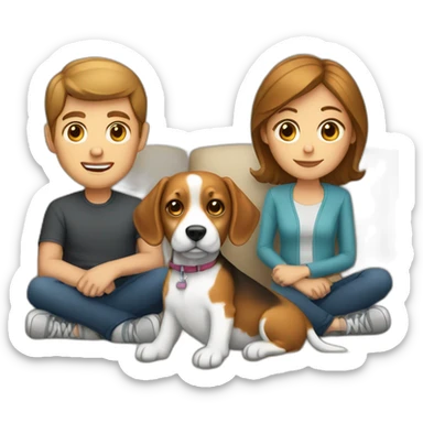 Brown hair White boy and girl with beagle Sit on couch sticker