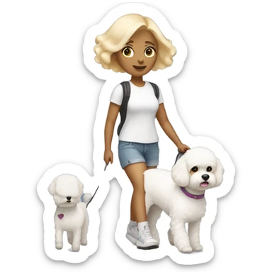 small white woman with short bobbed blonde hair wearing a nice shorts outfit walking a white bichon dog sticker