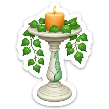 A candle-stand-pedestal made out of howlite stone with ivy vine leaves poking out on one side sticker