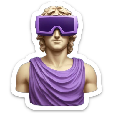 an EMOJI OF A ancient young greek statue, wearing VR headset, purple colors, DIGITAL UNIVERSE sticker