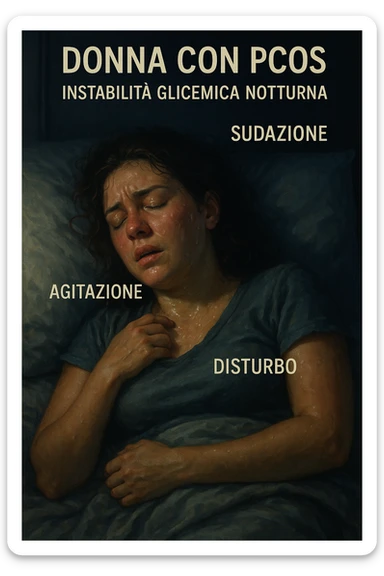realistic and cinematic illustration of a woman with PCOS sleeping but showing symptoms of nocturnal glycemic instability such as sweating, agitation, discomfort, nighttime atmosphere, detailed realism, Italian captions, vertical 2:3 format sticker