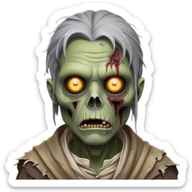 Cinematic Noble Zombie Portrait Emoji, Surprisingly dignified and somber, with a decaying yet strangely regal visage in ashen grays and muted tones, draped in tattered attire hinting at a lost grandeur, simplified yet meticulously detailed, glowing with a soft, eerie radiance and a gentle outline that evokes the tragic nobility of the undead! sticker