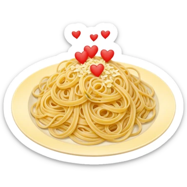 loose tangle of pale yellow cooked spaghetti with soft glossy texture and natural curves, strands slightly twisted and overlapping, freshly prepared dish, no bowl or chopsticks. Add tiny read hearts on the spaghetti sticker